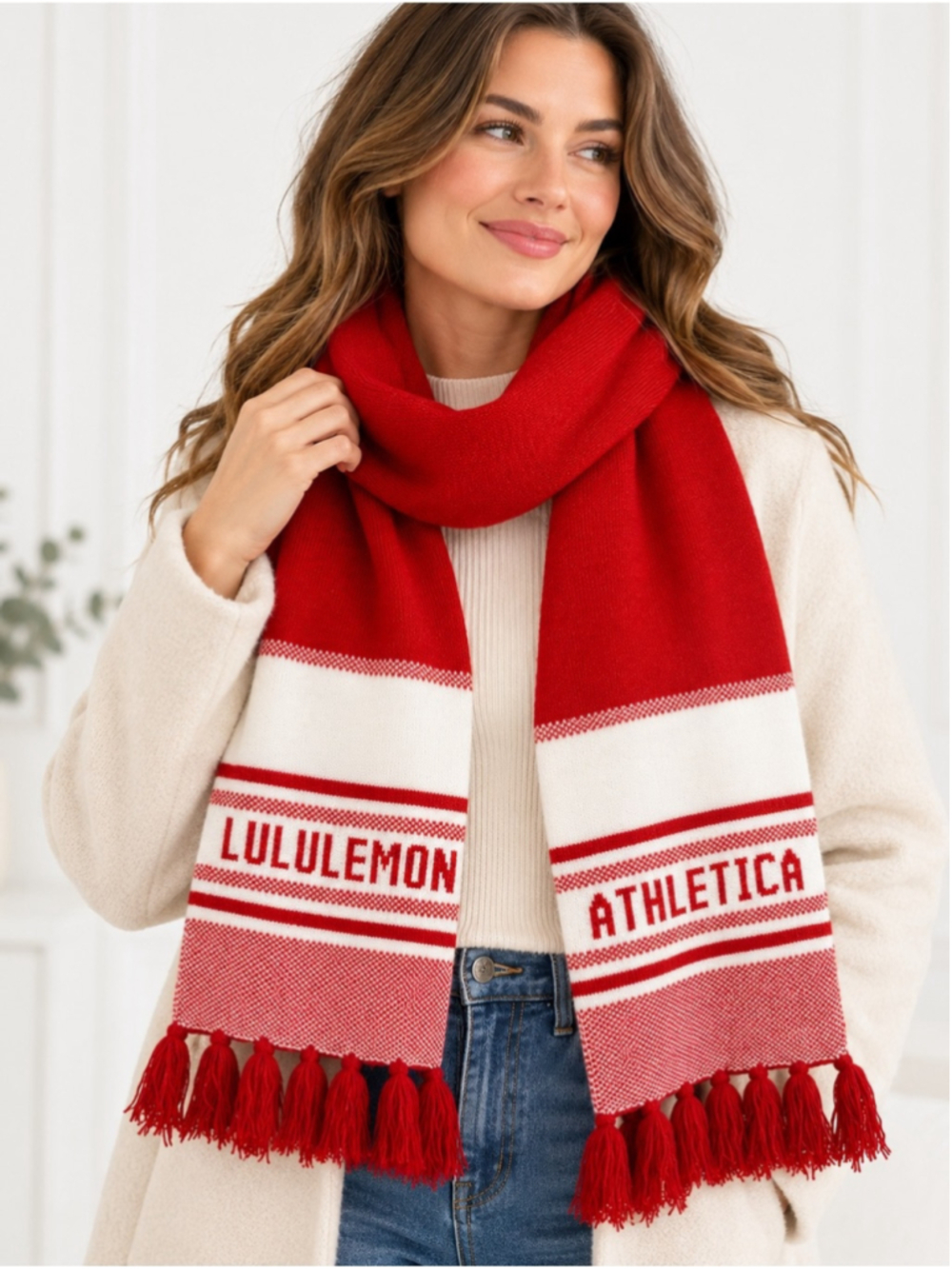 Lululemon Red White Knit Logo Scarf Tassel Fringe Cozy Winter Athleisure